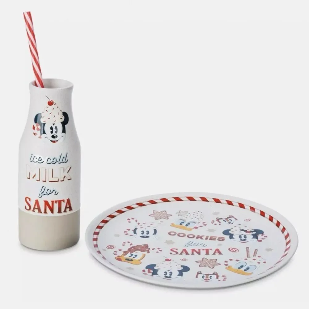Disney Mickey Mouse & Friends Milk & Cookies Santa 3-pc Plate Cup Set New w/ Box
